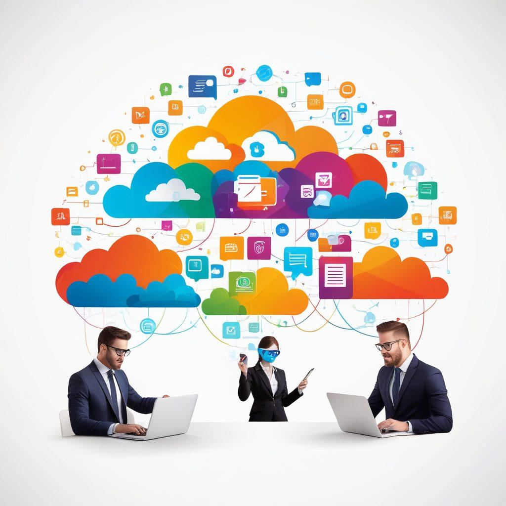 A vibrant collage depicting various online services such as cloud storage, digital marketing, ecommerce, and online education seamlessly flowing into an image of a business graph soaring upwards. Include diverse individuals engaging with these services on different devices. Vibrant colors, modern vector art, white background.