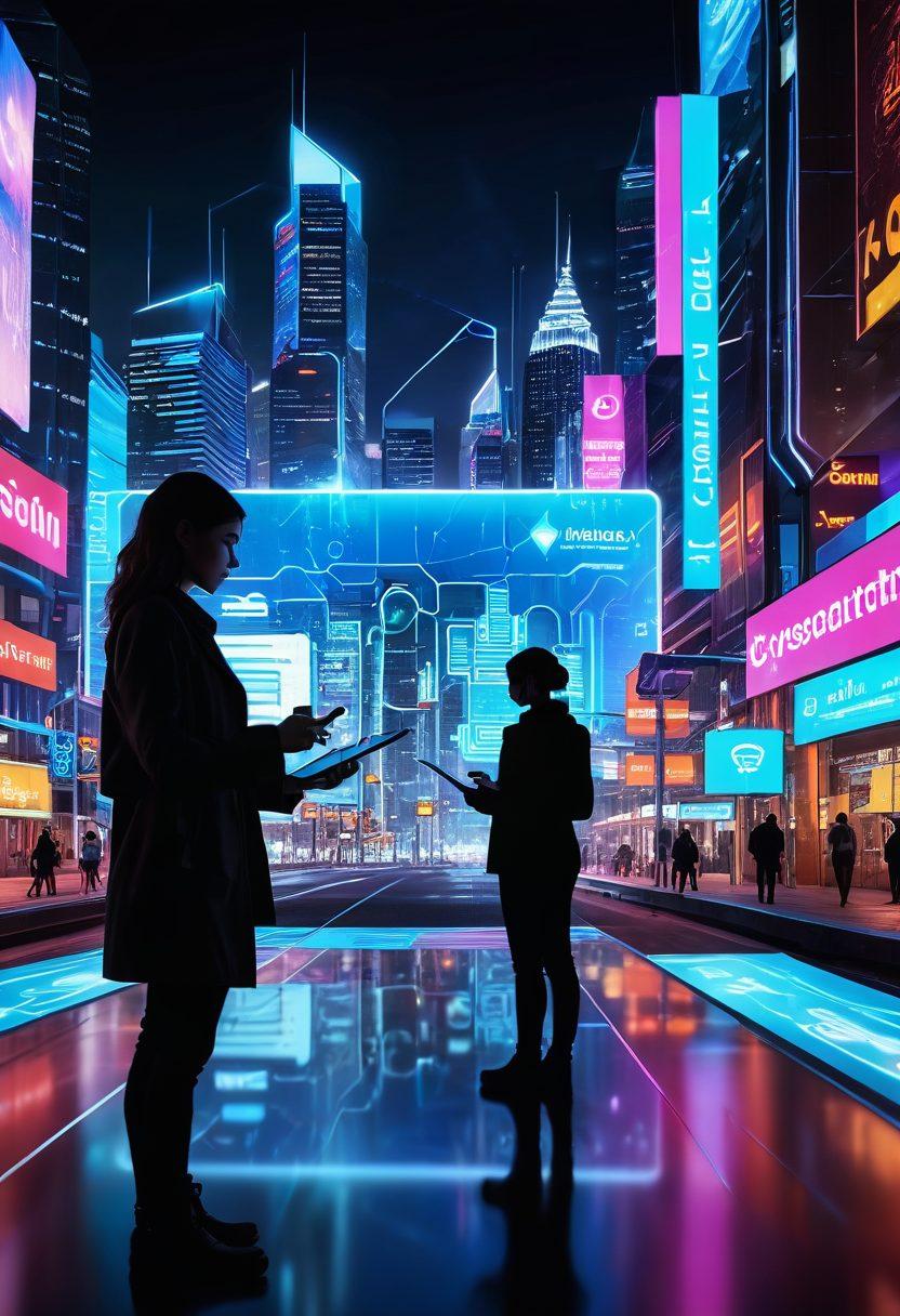 A futuristic cityscape filled with digital connections, glowing neon signboards, and data streams crisscrossing the skyline. In the foreground, a confident person using a holographic interface tablet, navigating through a web of interconnected symbols representing social media, e-commerce, and cybersecurity. Digital world elements blend seamlessly with real-world aspects. super-realistic. vibrant colors. modern sci-fi background.